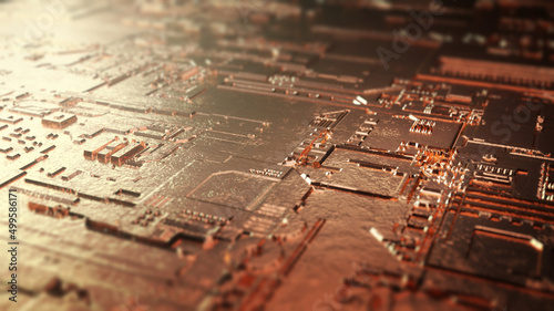 Macro view of a circuit metal board with reflection and light. Future and technology concept. 3d rendering - Illustration