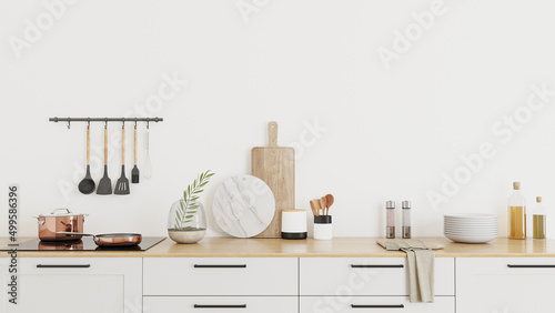 set of utencils in the kitchen on wooden countertop with white cabinets, 3d rendering