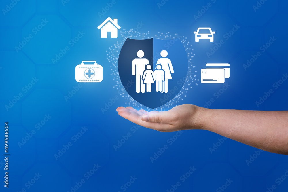 Womand hand showing blue shield of family life insurance and policy. Car, family, life and health insurance icons. Womand hand showing blue shield of family life insurance and policy. Car, family, life and health insurance icons.