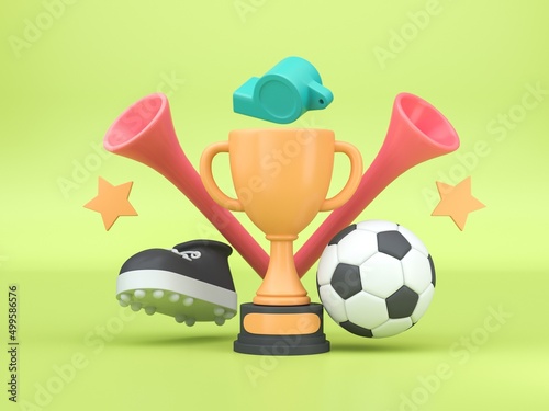 Soccer trohpy with 3D boot and ball. 3D render photo