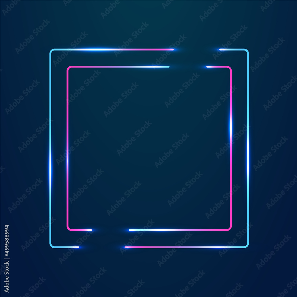 Purple blue square frame. Vector empty border for text. Illuminated glowing neon frame night club sign.