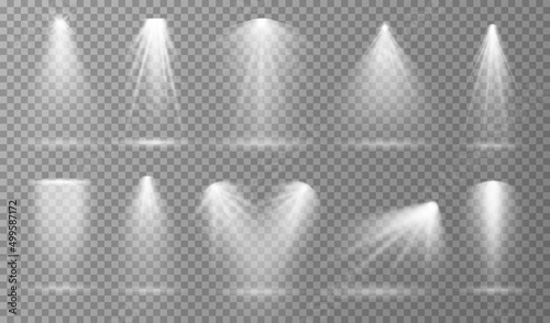 Spotlights. Theater lights beam, light spots and rays. Room studio or stage lamps, event projector shine effect. Glow for club or cinema, exact vector set