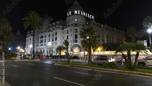 Nice, France, Timelapse - The Negresco palace beside the Promenade des Anglais in Nice at night photo