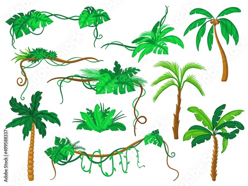 Jungle cartoon plants. Palm trees  green lianas and leaves. Decorative corners elements with leaf  isolated liana branch. Gaming bright neat vector objects