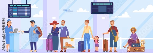 Airport check in queue. Departure area waiting line, people with luggage bags and backpack. Cartoon characters going to boarding gate decent vector scene