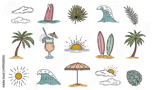 Summer icon set, hand drawn illustration.