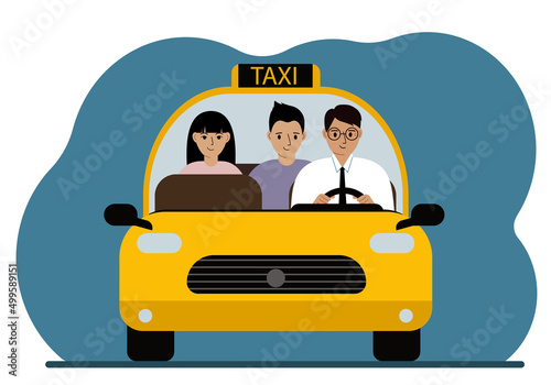Yellow taxi car. A man in a shirt and tie, a taxi driver, carries a man and a woman passengers. Front view.
