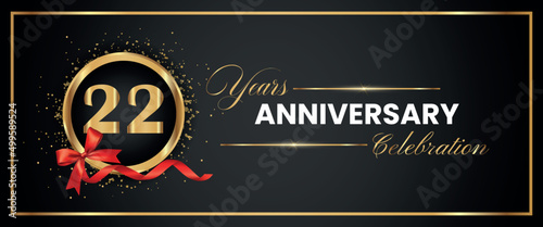 22 Years Anniversary Celebration Gold and Black Color Vector. anniversary celebration logotype with elegant modern number gold color for celebration, gold anniversary celebration, bow, ribbon, luxury.