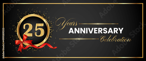 25 Years Anniversary Celebration Gold and Black Color Vector. anniversary celebration logotype with elegant modern number gold color for celebration, gold anniversary celebration, bow, ribbon, luxury.