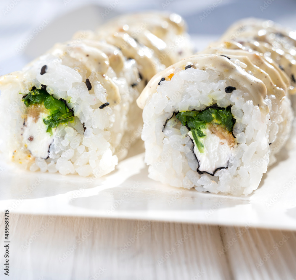 Sushi. Sushi rolls. Rolls with fish. Japanese kitchen Sushi. Sushi rolls. Rolls with fish. Japanese kitchen