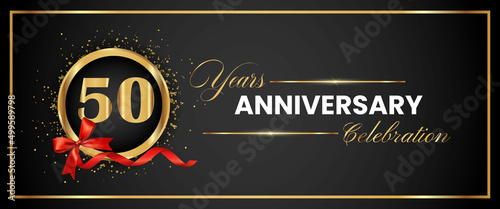 50 Years Anniversary Celebration Gold and Black Color Vector. anniversary celebration logotype with elegant modern number gold color for celebration, gold anniversary celebration, bow, ribbon, luxury.