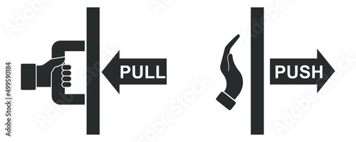 Push and pull to open door vector icon on white background. Hand to open and closed door. Black silhouette.