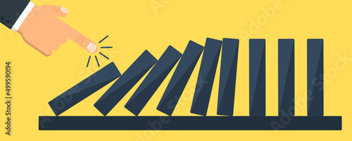 Domino effect vector illustration. Man of finger pushing dominoes. Falling dominoes on yellow background. Vector 10 EPS.