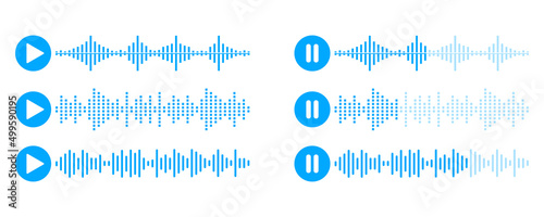 Blue voice message vector icon set. Audio message  with voice waveform. Sound wave for social media.