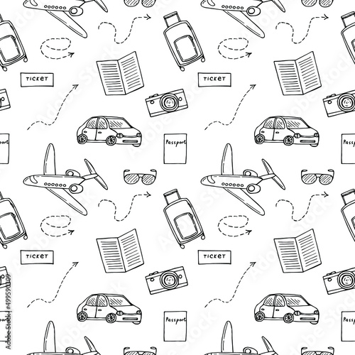 Travel seamless pattern vector illustration, hand drawing doodles
