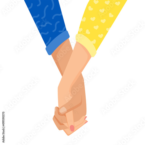 Female and male hand hold hands. Vector illustration of hands in support of Ukraine.