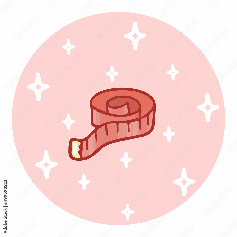 Cute hand-drawn centimeter tape in doodle cartoon style. Round composition in neutral candy colors. Kawaii element for card, social media banner, sticker, kids playroom decor. Vector illustration