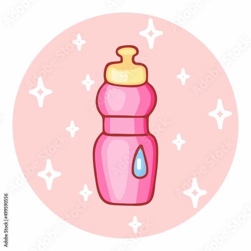 Cute hand-drawn sport water bottle in doodle cartoon style. Round composition in neutral candy colors. Kawaii element for card, social media banner, sticker, decoration kids playroom. Vector