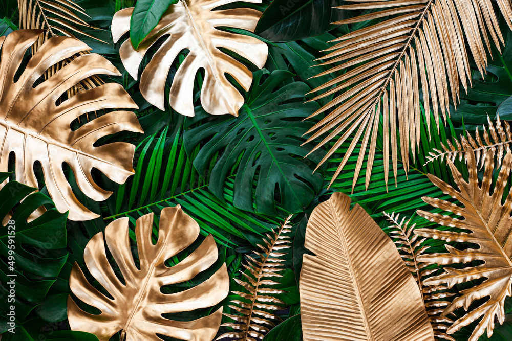 Naklejka premium closeup nature view of gold and green tropical monstera and palm leaves. Creative nature pattern background. Flat lay.