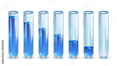Test Tubes Empty And Full With Liquid Set Vector. Lab Test Tubes With Biochemistry Substance. Glassware Beaker Tool For Making Experiment, Researching And Analyzing Template Realistic 3d Illustrations
