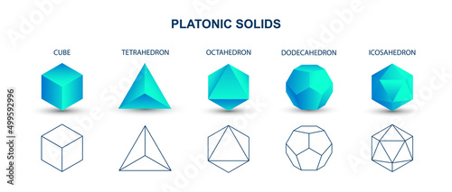 Set of blue vector editable 3D platonic solids isolated on white background. Mathematical geometric figures such as cube, tetrahedron, octahedron, dodecahedron, icosahedron. Icon, logo, button.