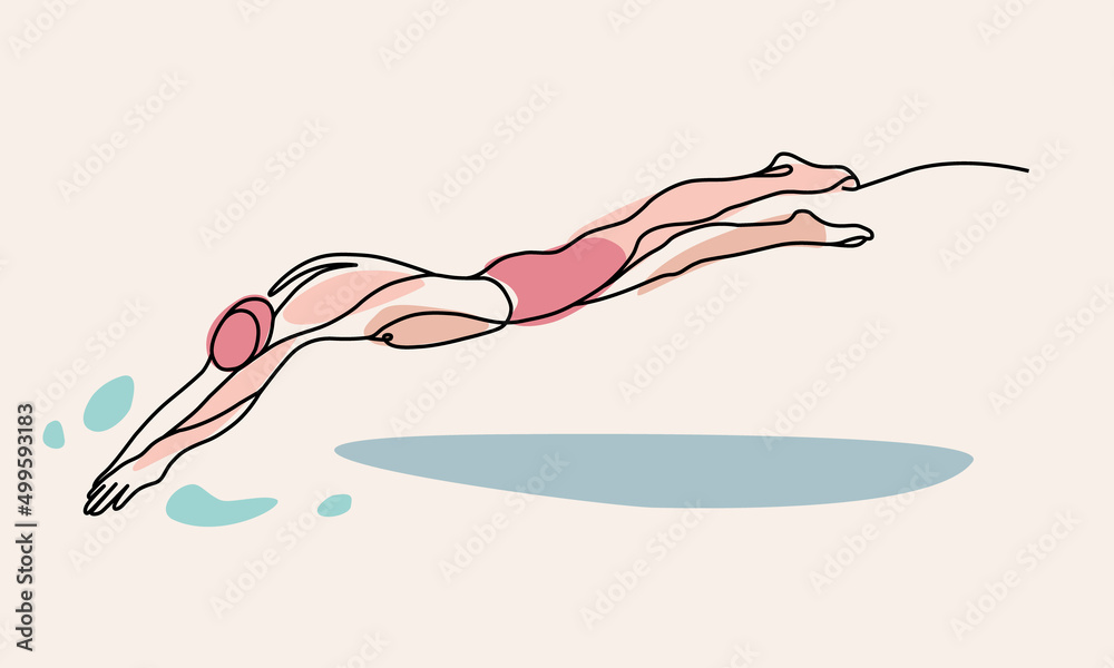 Single continuous line drawing of swimming jump. Swimmer man dive into