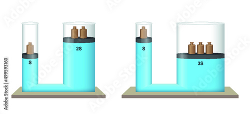 Water Circle. Pascal Principle. Water test by placing two different sizes of pistons on them.