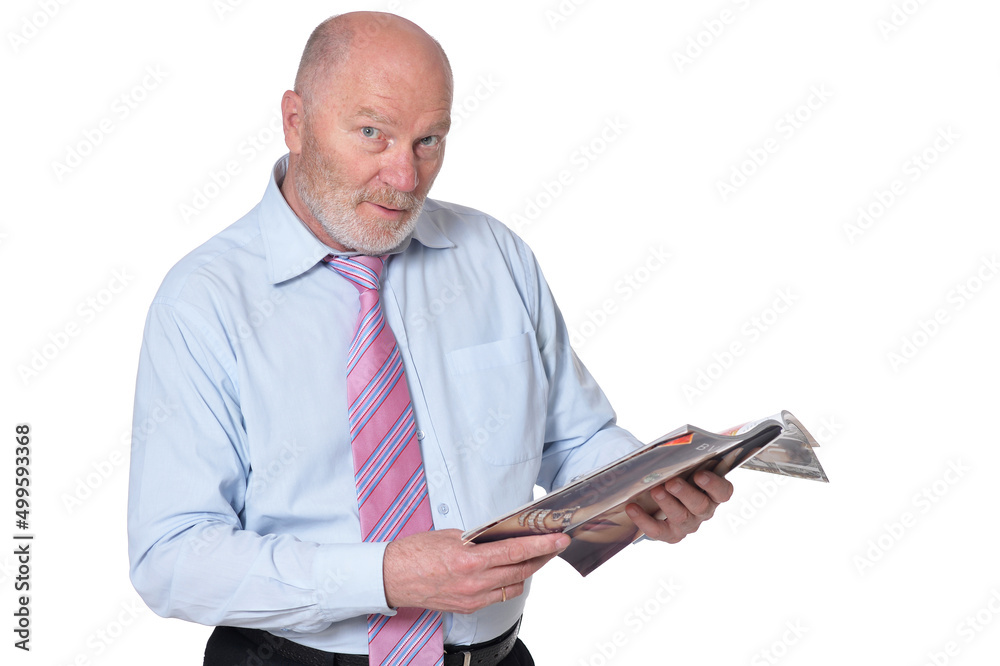 Elderly businessman with magazine isolated on white background Elderly businessman with magazine isolated on white background