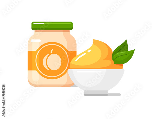 Peach puree in baby food jar and white bowl with jam, yogurt, ice cream, dessert. Kids nutrition icon. Vector colorful flat illustration isolated on background