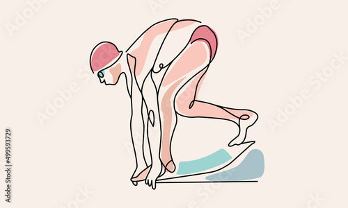 Single continuous line drawing of swimming jump. Swimmer man dive into swimming pool. Competitive start. Healthy lifestyle concept. Trendy one line draw design graphic vector illustration