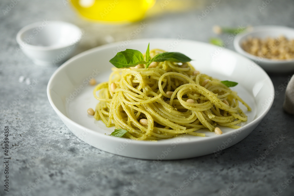 Traditional spaghetti with pesto sauce