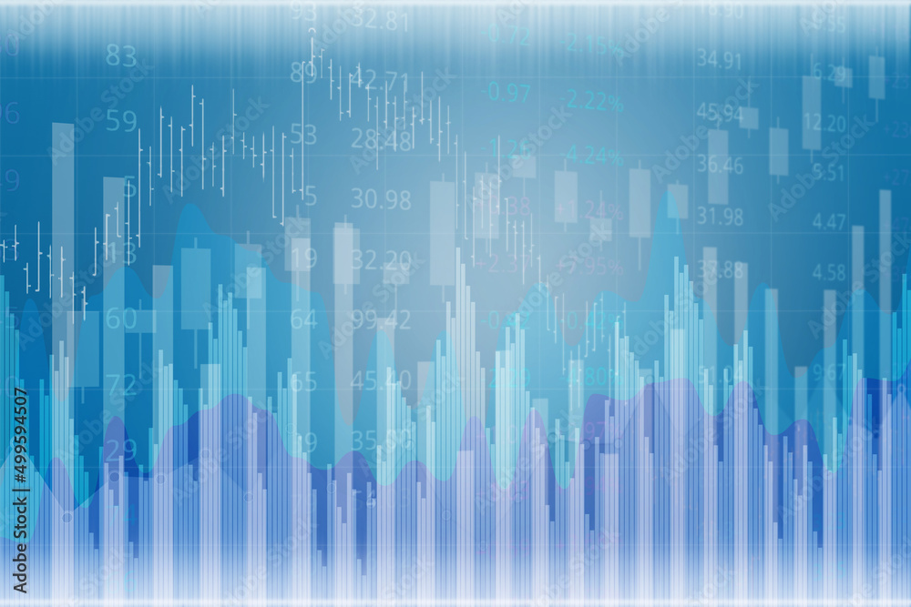 Light blue finance background with numbers, graphs. Stock market concept