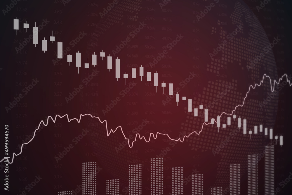 Dark red finance background with numbers and graphs. Stock market concept