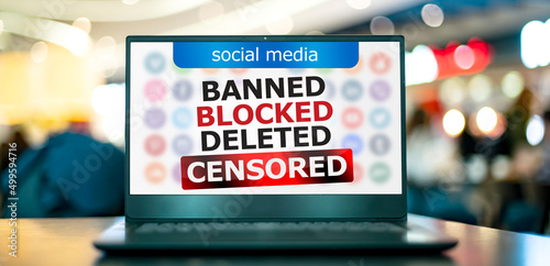 Photo Laptop with the sign warning against censorship in social media