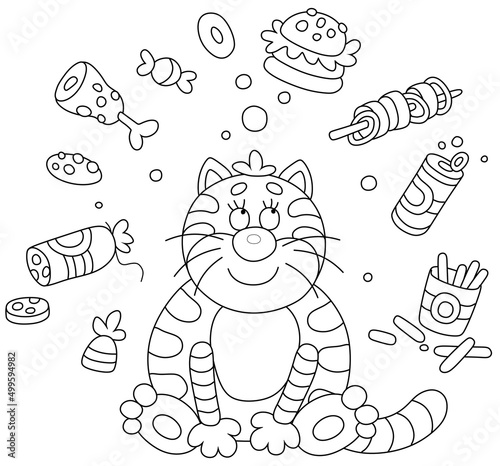 Funny plump cat glutton friendly smiling and dreaming of various tasty things, black and white vector cartoon illustration for a coloring book page