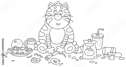 Funny plump cat glutton in a mess of tasty food after meal in absence of its owner, black and white vector cartoon illustration for a coloring book page