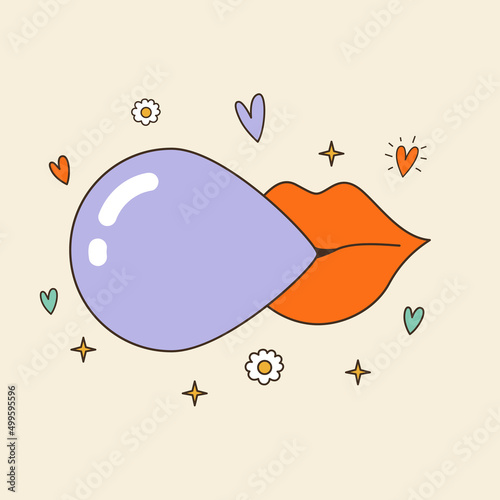 Groovy style lips and bubble gum. 70s, 80s, 90s vibes funky sticker. Retro mouth illustration. Vintage nostalgia element for card, poster design and print