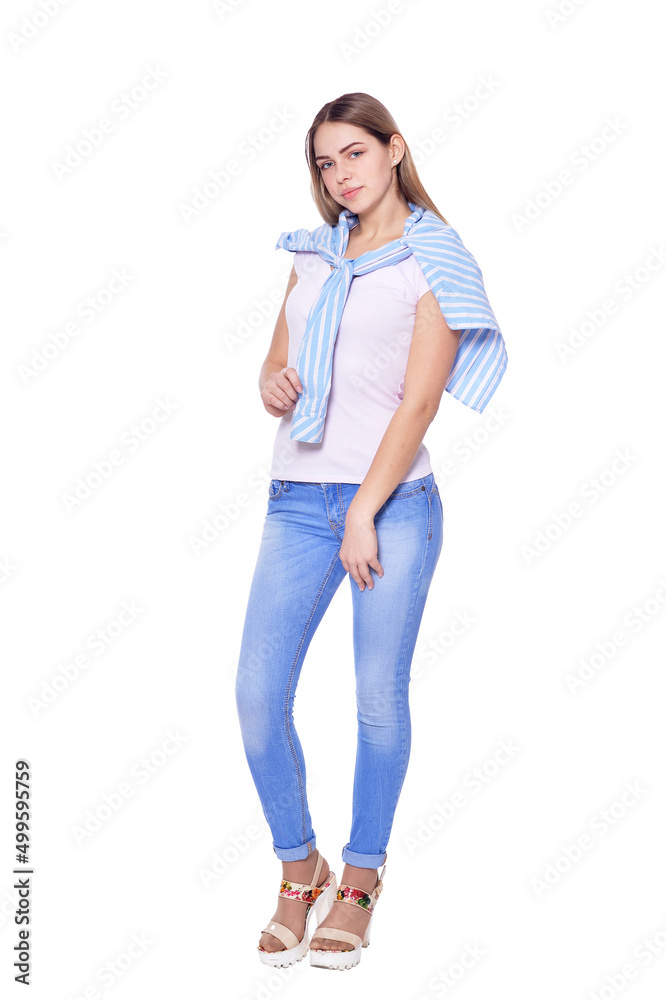 Beautiful woman in jeans posing isolated on white background Beautiful woman in jeans posing isolated on white background