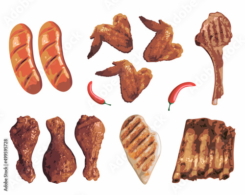 Fried meat. Chicken kebab. Pork ribs. A set of meat symbols. Vector illustration.