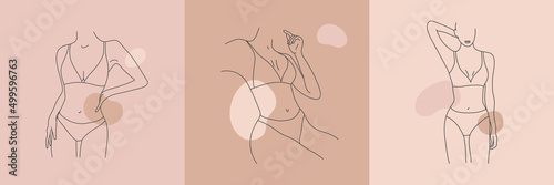 Vector set of woman body line art illustration. Minimalist linear female figures, lingerie posters, cards, social net posts. Abstract nude sensual line art. Women body silhouettes, nude colors