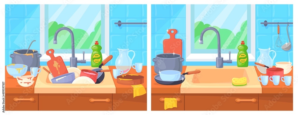 Fototapeta premium Sink messy dishes. Washing dirty dish after cooking on kitchen tap cleaning cup and plate from food, clean shiny utensils in washbasin wash sponge, cartoon neat vector illustration