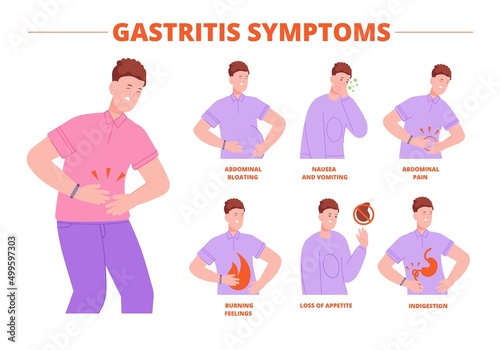 Gastritis symptoms. Indigestion symptom bloating flatulence heartburn gastrointestinal problem, belly disease eating food sick digestive photo