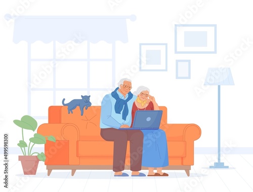 Pensioner on sofa with computer. Happy elderly couple and internet technology, old family sitting at home couch senior husband wife retirement lifestyle