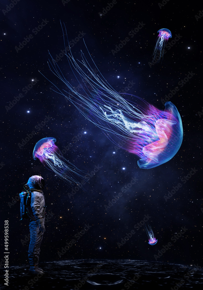 Astronaut cosmonaut looks glowing jellyfish in space sea, fantastic
