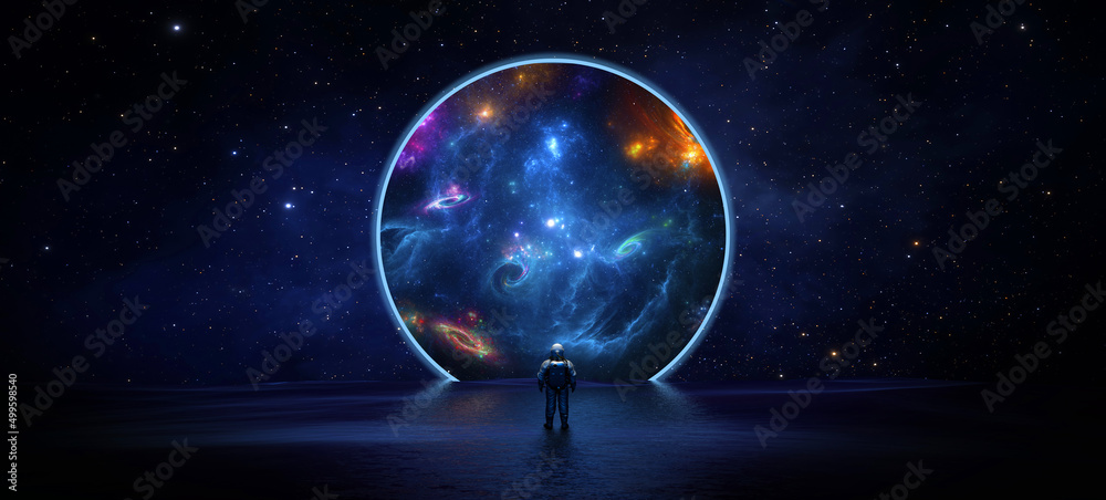 Astronaut cosmonaut discovery of new worlds of galaxies panorama, fantasy portal to far universe. Astronaut space exploration, gateway to another universe. 3d render - obrazy, fototapety, plakaty 