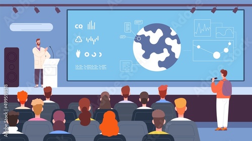 Ecological conference. Journalist with microphone ask question at scientific speaker, ecological press voice audience meeting, conferences sustainable climate, vector illustration