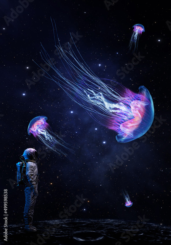 Canvas Print Astronaut cosmonaut looks glowing jellyfish in space sea, fantastic blue space