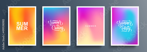 Summer theme blurred backgrounds with abstract blurred color gradient patterns and hand drawn lettering. Summertime set for brochures, posters, banners, flyers and cards. Vector illustration.