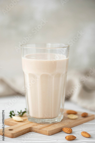 homemade almond milk in a glass cup