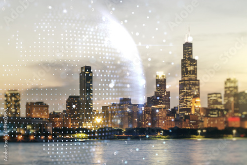 Double exposure of abstract digital world map hologram on Chicago office buildings background, big data and blockchain concept